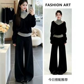 罗粉小众面料设计师品牌通勤风真两件针织上衣搭高腰裤子套装秋季
