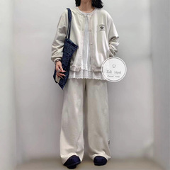 圆领宽松服外套纯棉棒外套棒球新款百搭卫衣砂洗女装