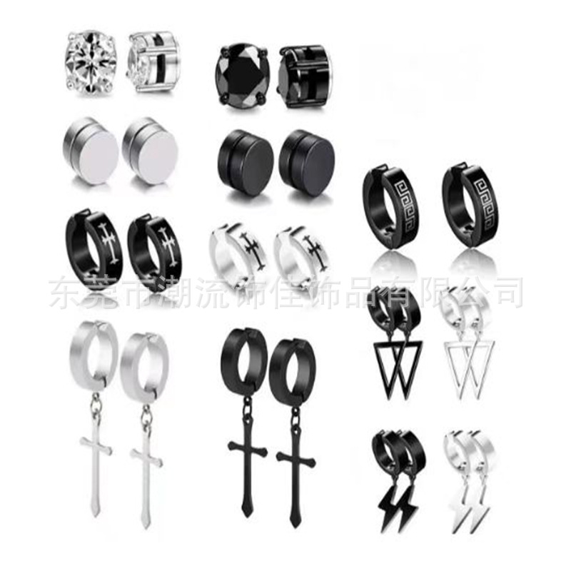 Europa y América Amazon moda Titanium acero Cruz ZIRCON imán Gran Muralla patrón clip de oído pendientes para traje mixto