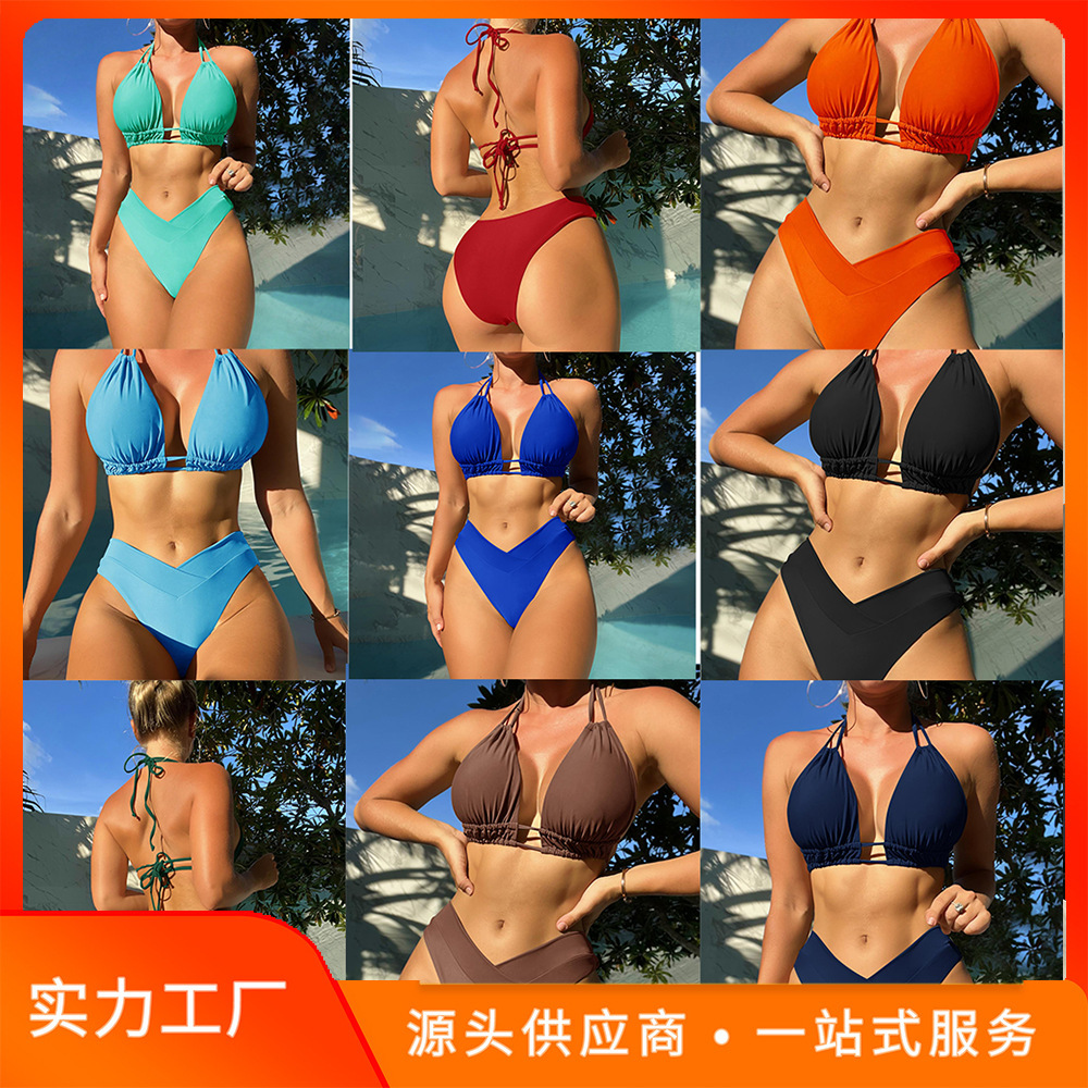 2026 New Sexy Bikini Fashionable Women's Two-Piece Swimsuit Nylon Solid Color European and American Swimwear Wholesale Bikini