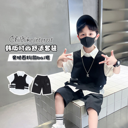 Boys vest shirt casual suit  summer new style children's handsome three-piece set baby street clothes