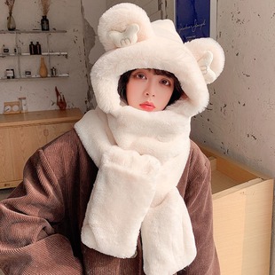 Bear Ears Hat Scarf All-in-One Women's Winter Korean Style Cute Plush Thickened Warm Neck Gloves Three-Piece Set