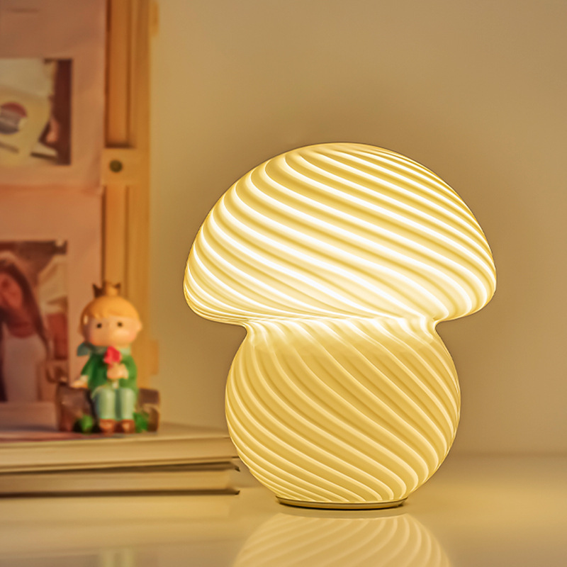 Lámpara de mesa de hongos, vidrio, sensación avanzada, dormitorio, luz de noche para dormir, luz de hongo cálida y creativa, luz de noche de control remoto, ambiente