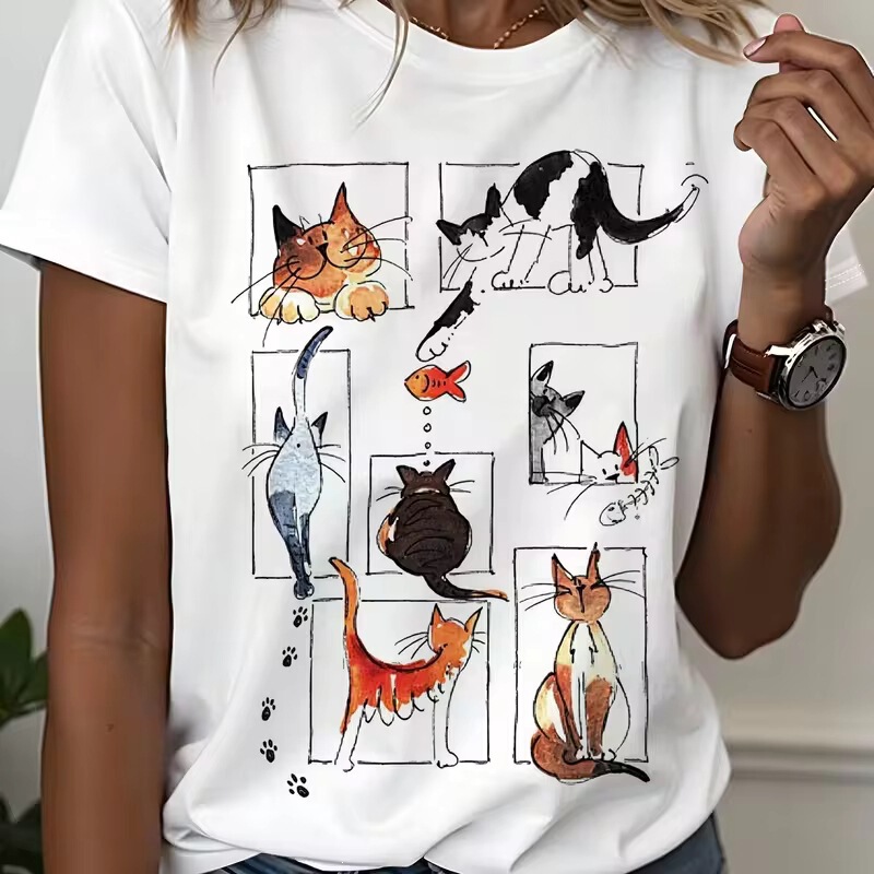 Grid Watercolor Multi-Pattern Cat and Fish Paw Print White Short-Sleeve T-Shirt, Healing Cute Loose Top