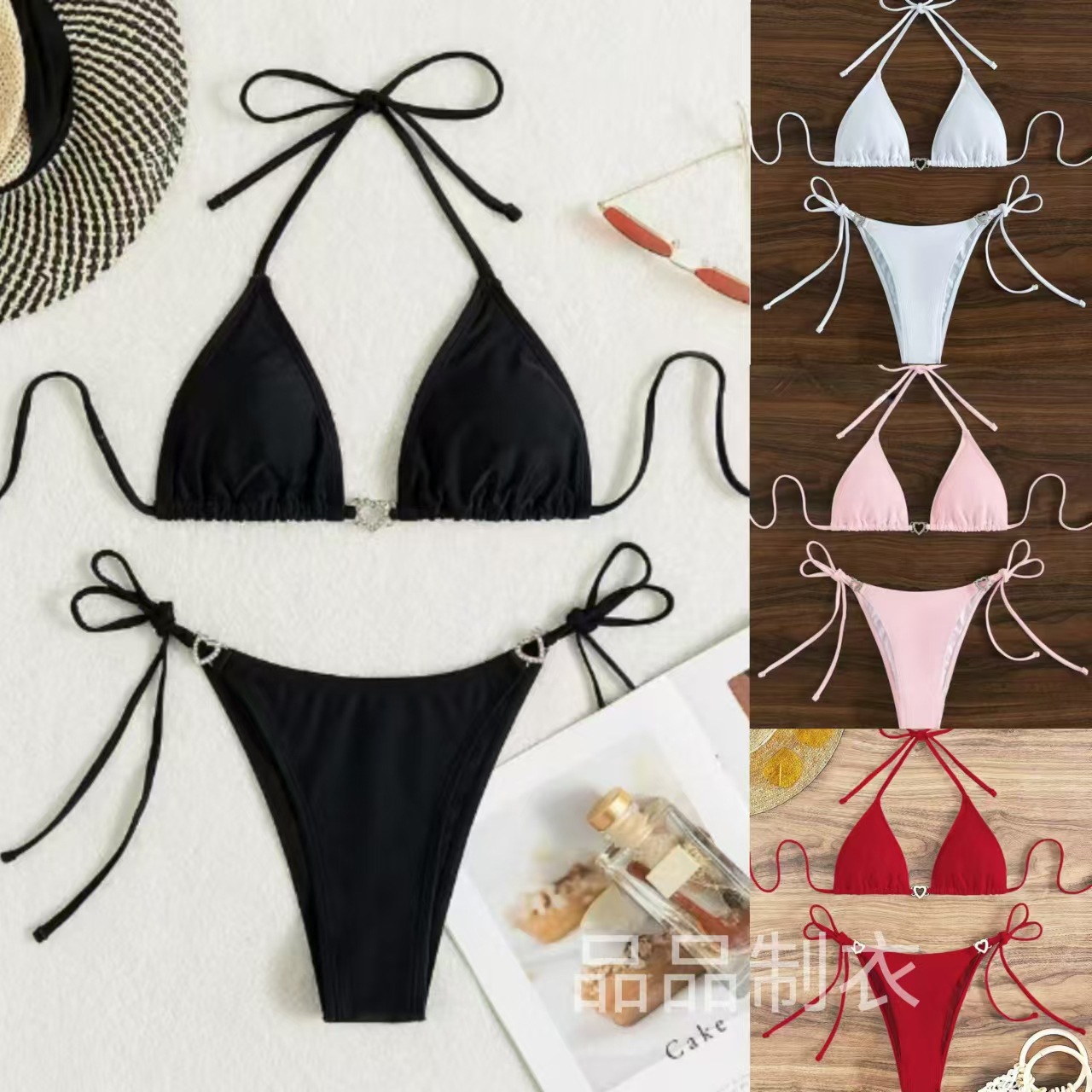 Europe and the United States cross-border Amazon sexy with heart-shaped diamond solid color bikini bikini lace-up multi-color split swimsuit for women