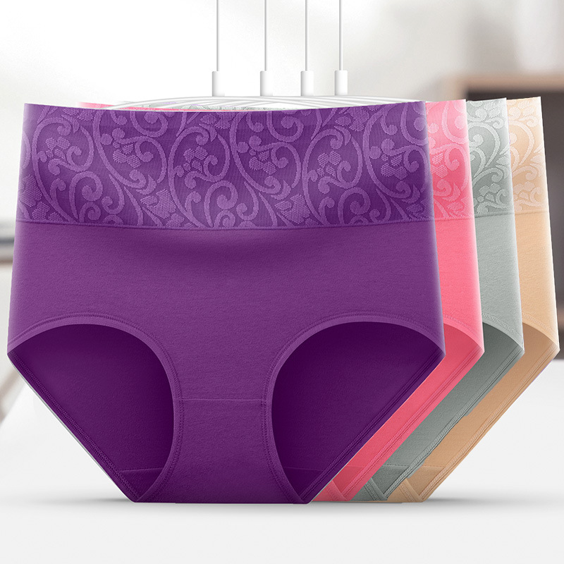 High-Waisted Jacquard Underwear for Women, Pure Cotton, Breathable, Tummy-Tightening, Butt-Lifting, Young, Middle-Aged Ladies, Mother's Body-Shaping Pure Color Briefs