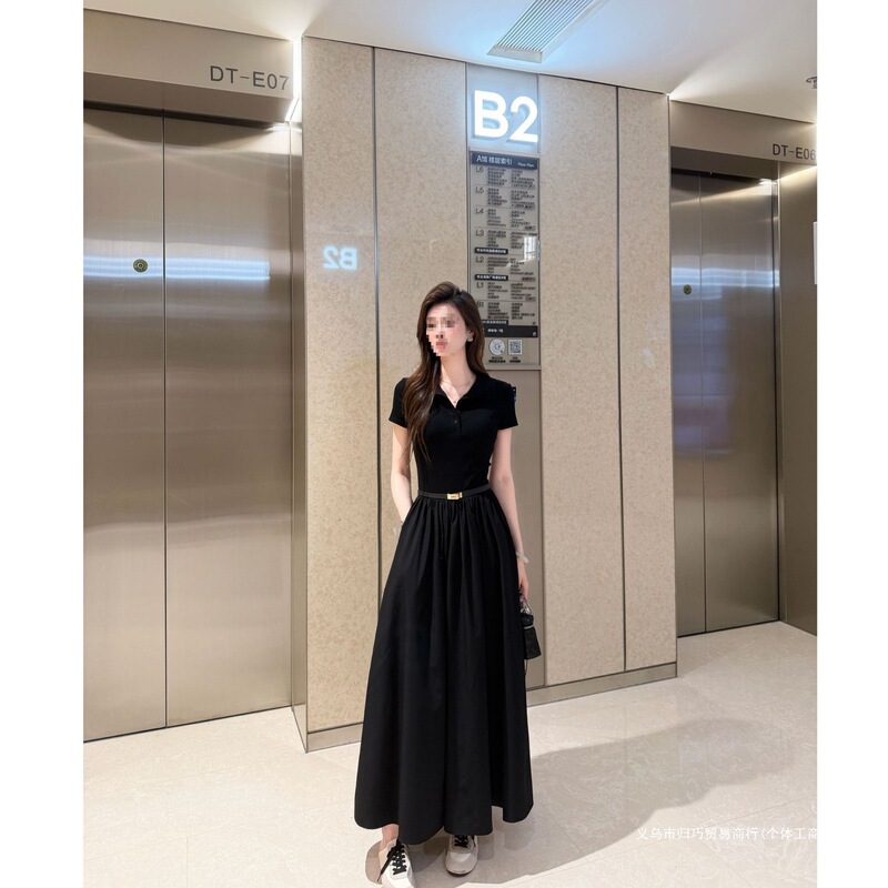 Summer A-Line Dress with a Stylish Waist-Cinching Design, Slim Fit, Slimming Effect, and Short-Sleeve Long Dress with a Polo Collar Summer A-Line Dress with a Stylish Waist-Cinching Design, Slim Fit, Slimming Effect, and Short-Sleeve Long Dress with a Polo Collar