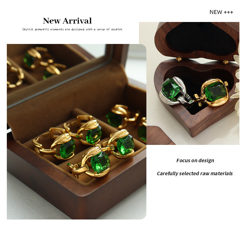 French Style Geometric Titanium Steel Rings Plating Artificial Crystal Stainless Steel Rings