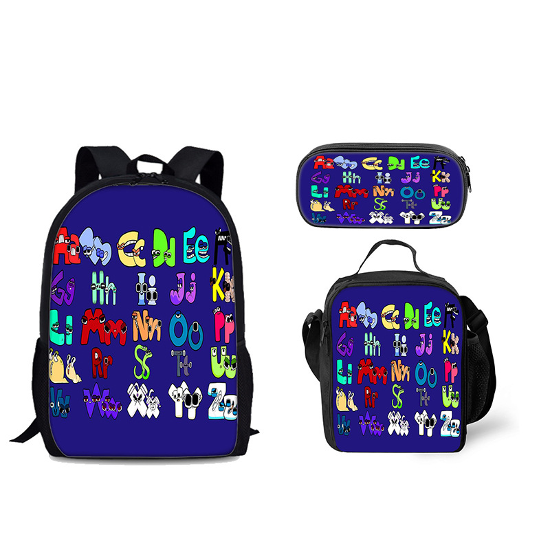 Venta al por mayor Alphabet Lore mochila escolar bolsa de hielo letra leyenda estudiante mochila bolsa de comida bolsa de tres piezas
