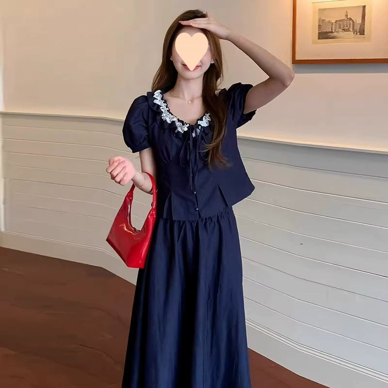 Летний французский модный элегантный кружевной топ с короткими рукавами + юбка с большим подолом, новый комплект из двух предметов для похудения