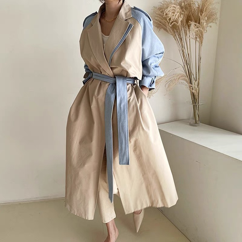 South Korea Chic Autumn French Retro Lapel Design Stitching Contrast Color Lace-up Waist Long Coat Jacket for Women