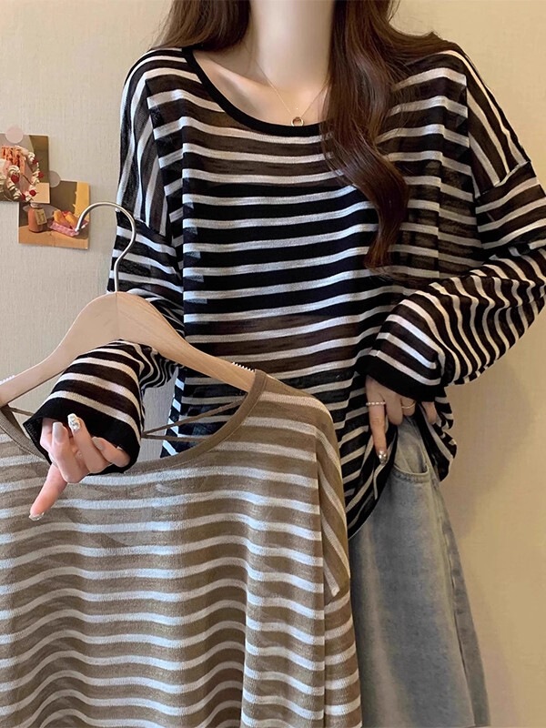 Striped Sun-Protective Knit Long-Sleeve Shirt for Women, Spring/Summer Plus Size Design with Hollow Back Cover-Up Top Striped Sun-Protective Knit Long-Sleeve Shirt for Women, Spring/Summer Plus Size Design with Hollow Back Cover-Up Top