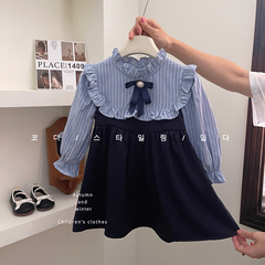 外貿2023秋季新款韓版女童學院風細條連衣裙女孩秋裝童裙