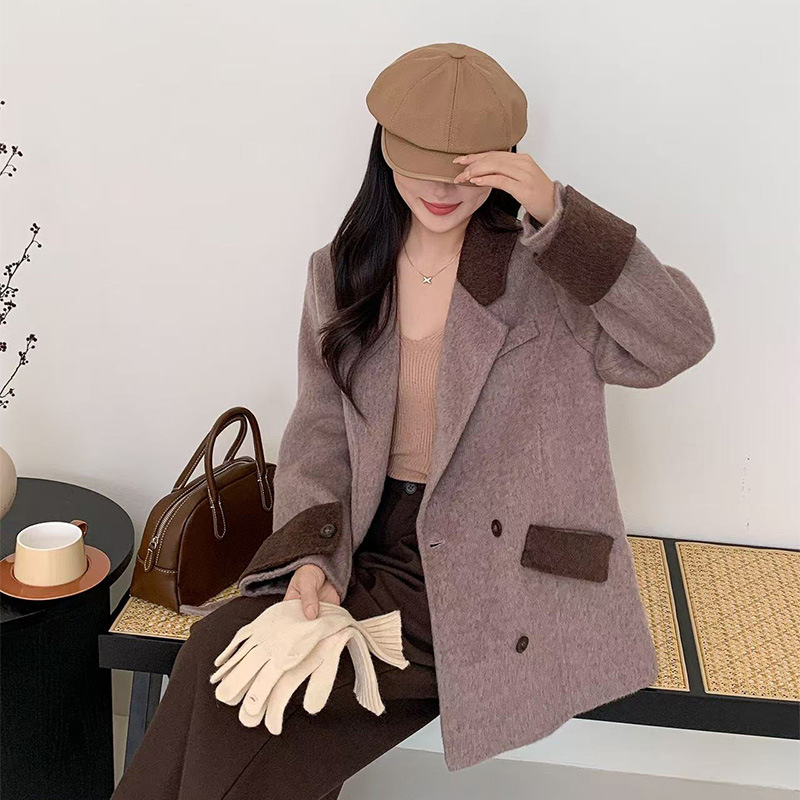 女装秋冬外套拼接翻领长袖单排扣毛呢大衣外套女高级女款羊毛风衣