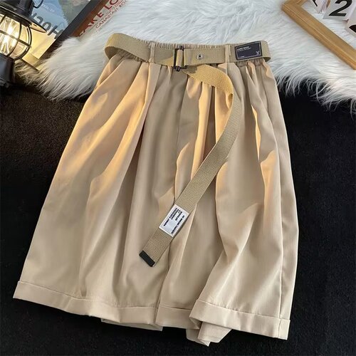 Pure Color Belt Suit Shorts Men Casual Loose Ins Trend Thin Outerwear Sports Five-Finger Wide Leg Mid Pants