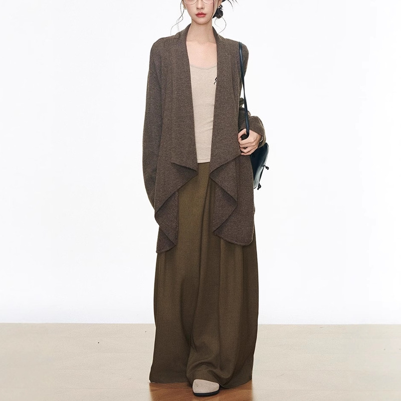 8.10 New Product Westayone Mid-Length Sweater Cardigan Women's Korean Style Lazy + V-Neck Bottoming Shirt + Wide Leg Pants