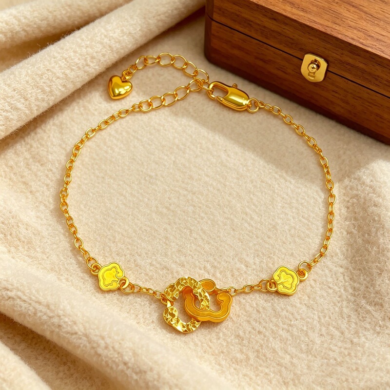 Chinese Style Sand Gold Crushed Ice Frosted Double Ring Ruyi Bracelet for Women, Light Luxury Palace Style Gold-Plated Jewelry Wholesale