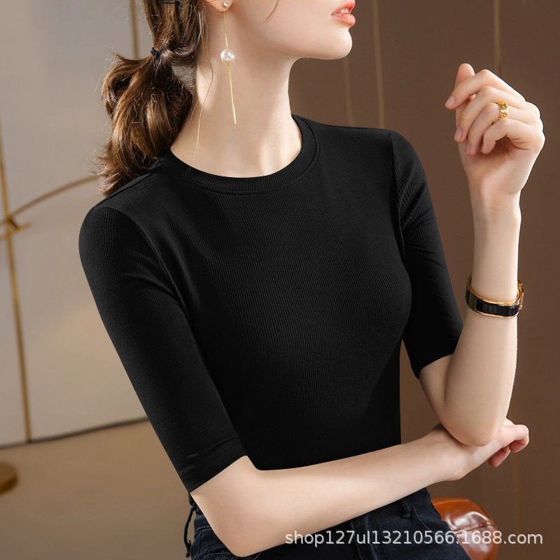 High-Quality Threaded Short-Sleeve T-Shirt for Women, New Summer Style, Round Neck, Slim Fit, Trendy, Plus Size, Versatile, Casual Base Shirt Top