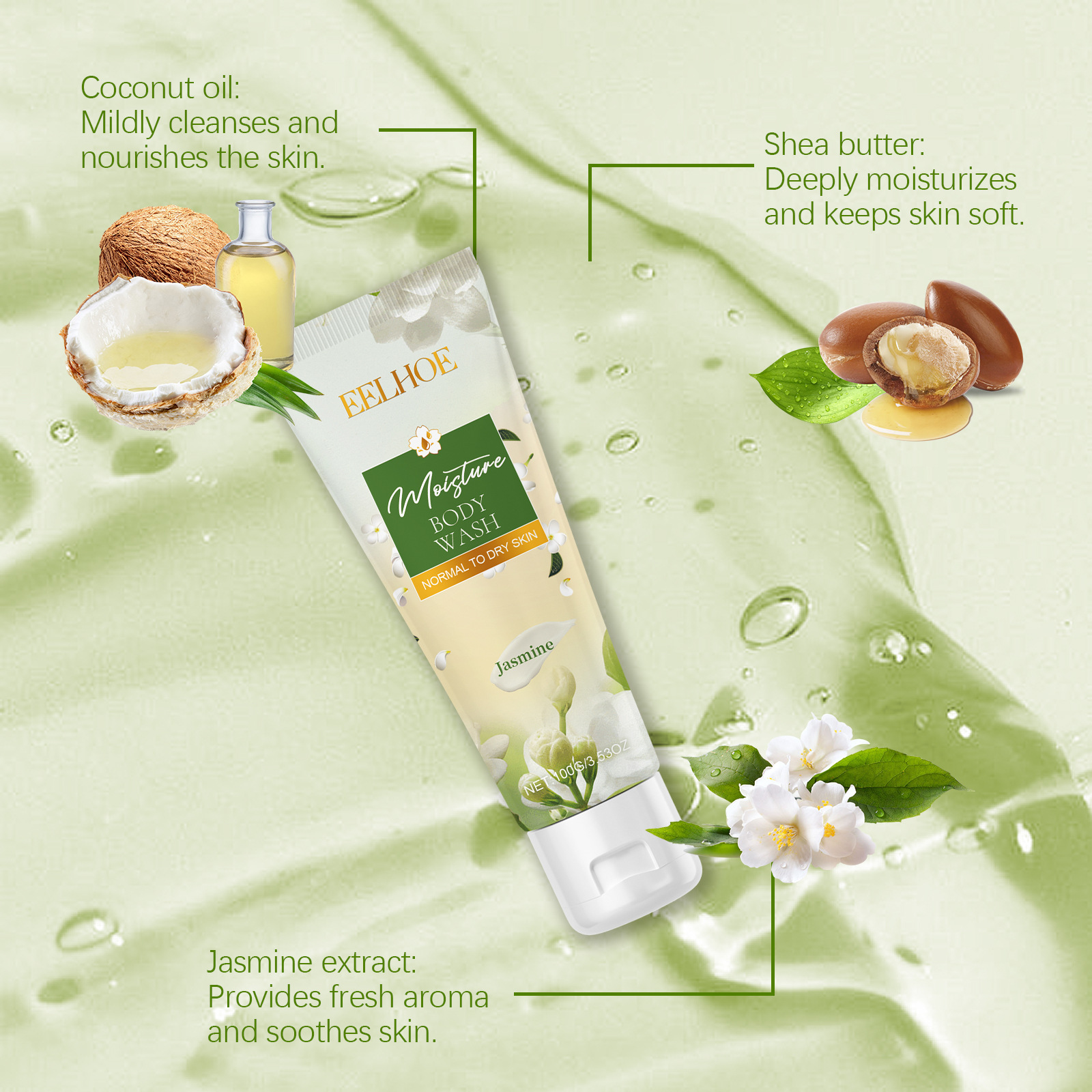 Jasmine hidratantni pomlađujući gel za tuširanje, nježno čišćenje kože tijela, glatki hidratantni mirisni gel za tuširanje_voghion.com