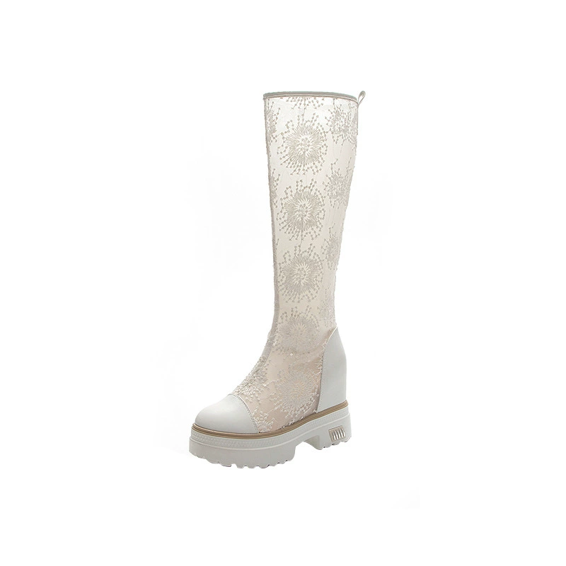 White summer thin mesh breathable universal high boots, with embroidery