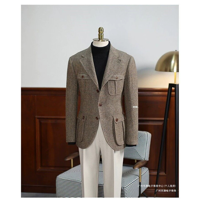 Retro Business Hunting-Style Tweed Casual Workwear Oversized Woolen Casual Multi-Pocket Men's Slim-Fit Blazer