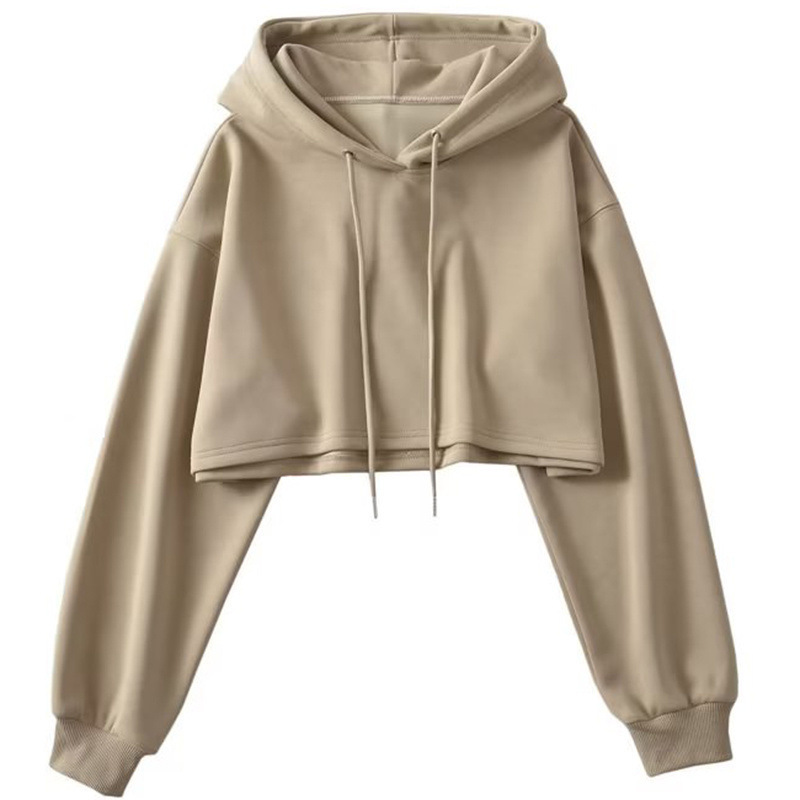 Stylish White American-Style Short Hooded Sweatshirt for Women, Autumn Korean-Style Loose Crop Top with Long Sleeves