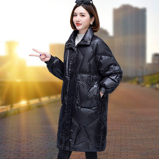 White duck down cotton-padded jacket women's winter New Fashion stand collar warm thick long bright face cotton-padded jacket coat