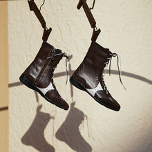 牛皮~真皮拳击靴休闲高帮鞋马丁靴女短靴隐形内增高美拉德骑士靴