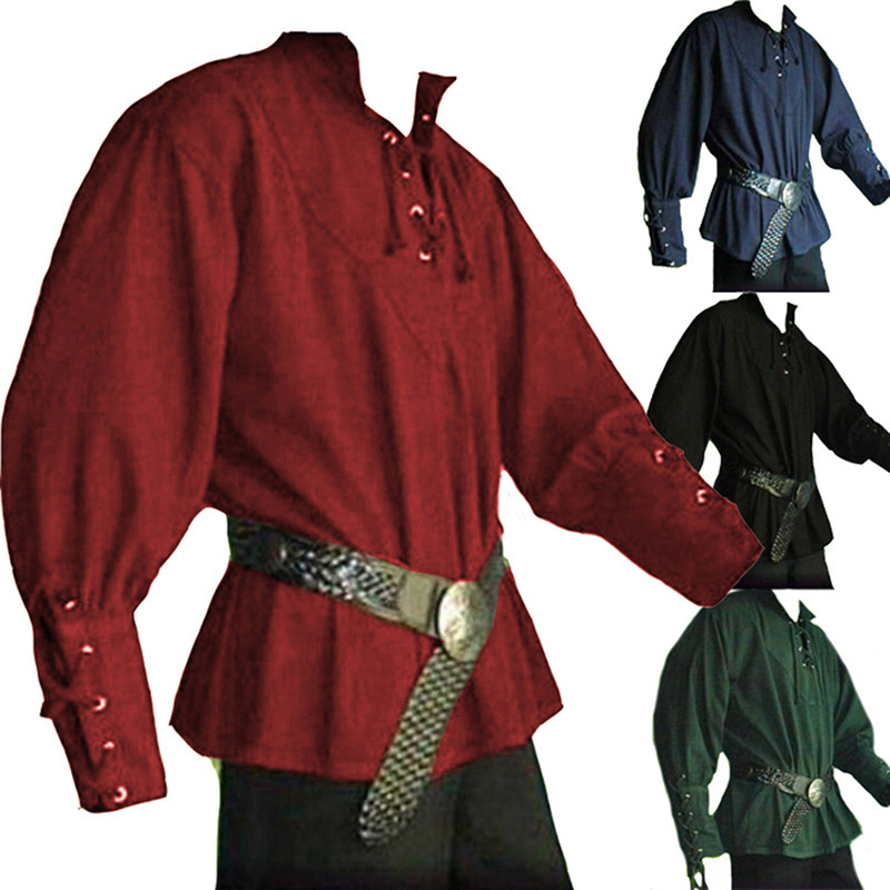European and American Wish Amazon Sleeve Tether Men's Retro Medieval Strappy Long-Sleeved Shirt Pure Color Loose Top European and American Wish Amazon Sleeve Tether Men's Retro Medieval Strappy Long-Sleeved Shirt Pure Color Loose Top