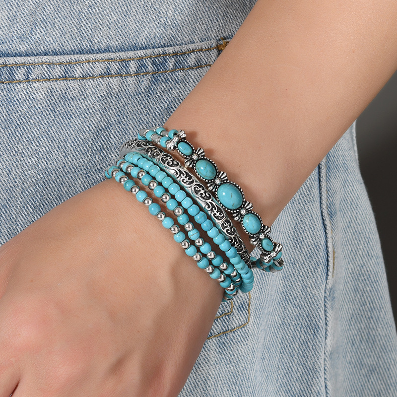 TEMU hot new bull head boots leaves turquoise wood beads elastic line 5 piece bracelet factory in stock wholesale