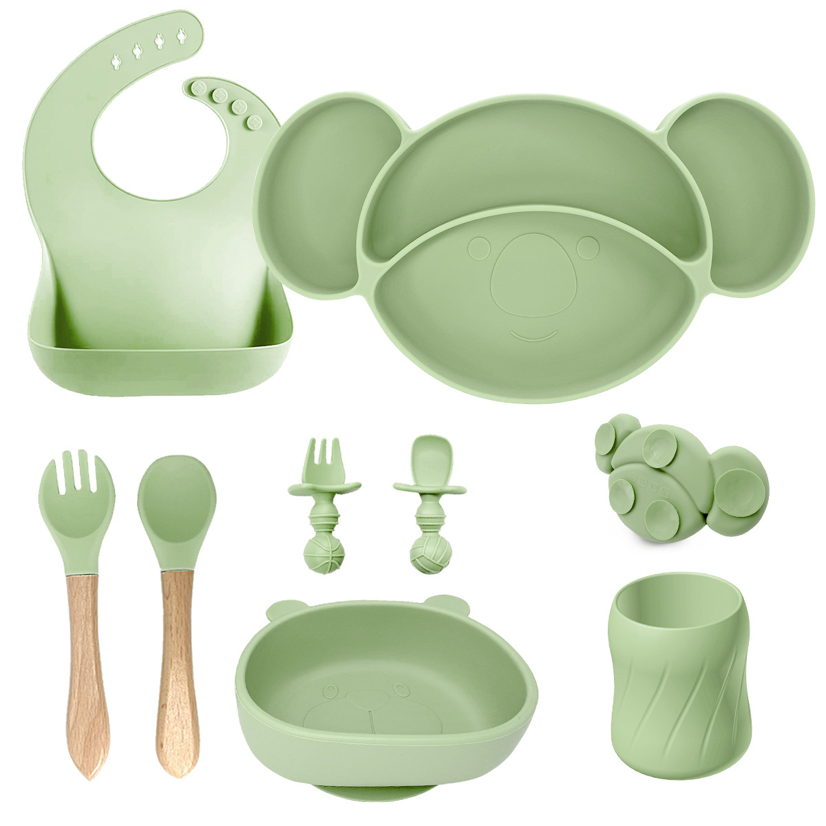 墨绿色-树袋熊+围兜+熊猫碗+短叉勺+木叉勺+小蛮腰杯