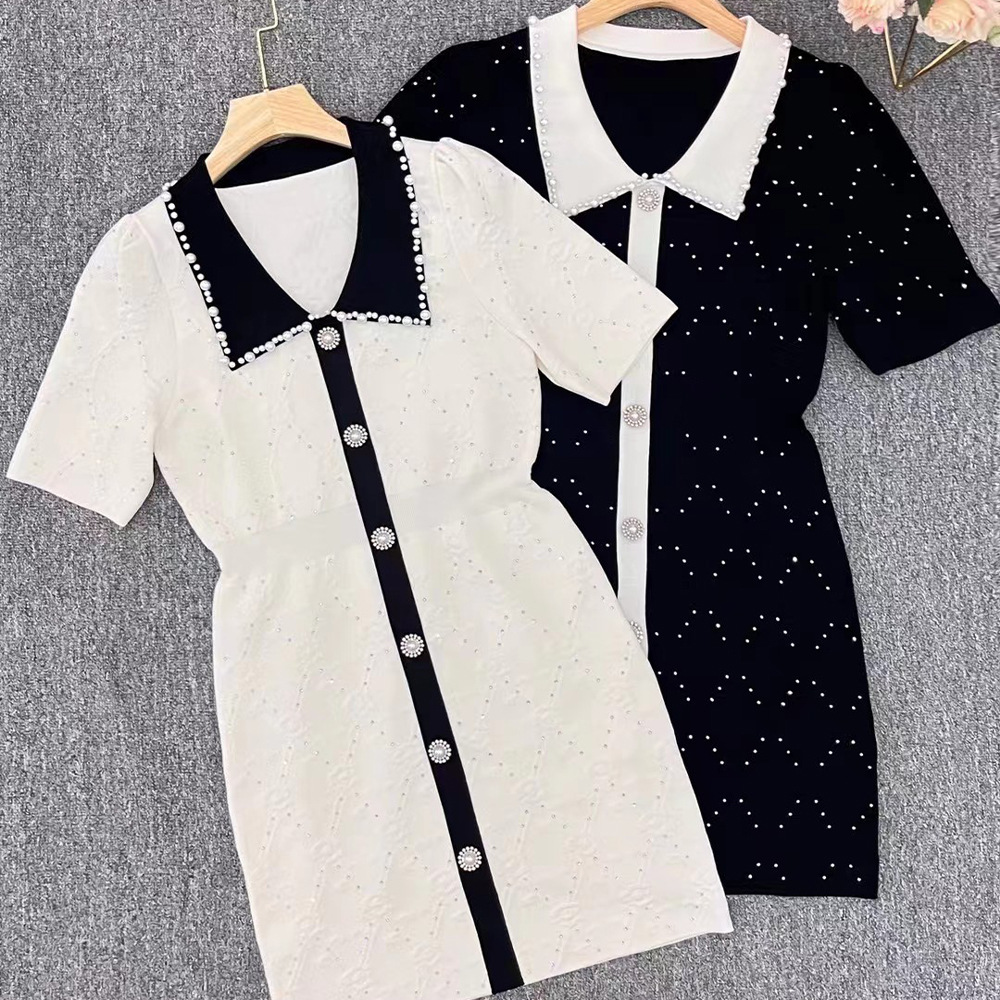新款POLO领烫钻短袖连衣裙重工钉珠装饰黑白拼接时尚百搭A字裙