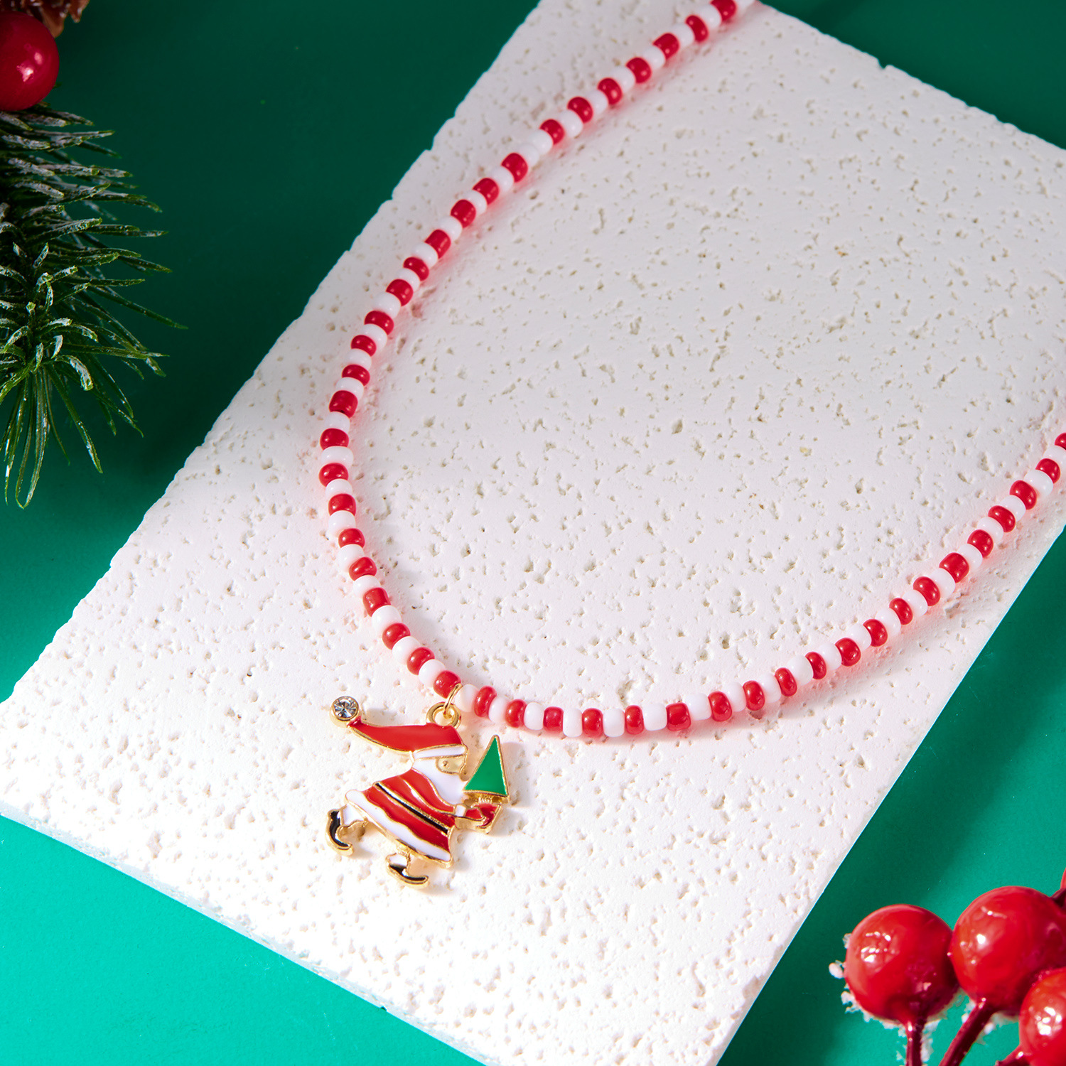 nouveau collier de perles fait main à la mode et polyvalent collier de perles de riz de sapin de Noël Père Noël femme_voghion.com