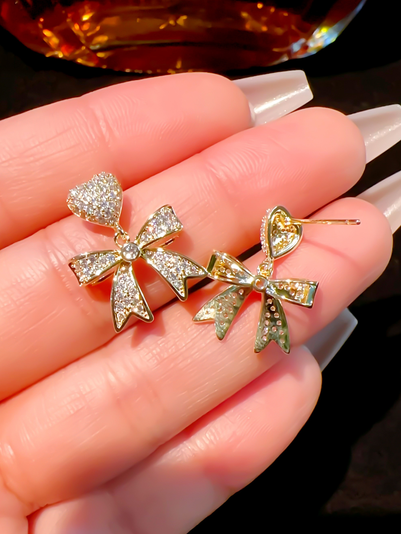 Daily, Street Occasion 1 Pair Simple Style Heart Shape Bow Knot Plating Inlay Copper Zircon Drop Earrings