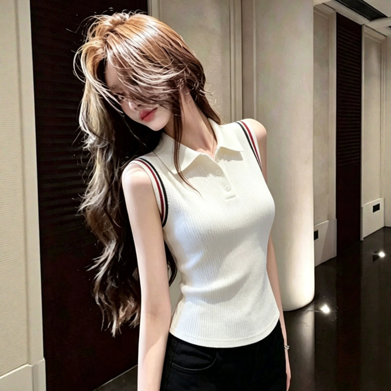 Korean-Style Off-White Polo Collar Sleeveless Knitted Vest for Women, New Summer Casual Versatile Slimming Top Korean-Style Off-White Polo Collar Sleeveless Knitted Vest for Women, New Summer Casual Versatile Slimming Top