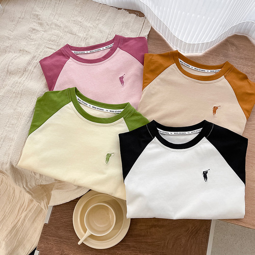 Xiaoku Children's Short Sleeve Medium Children's Trendy Korean Style Loose Top Children's Striped Color Crew Neck Loose Pure Cotton T-Shirt