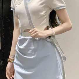 学院风polo领撞色短袖T+显瘦高腰半身裙休闲拼接连衣裙两件套装潮