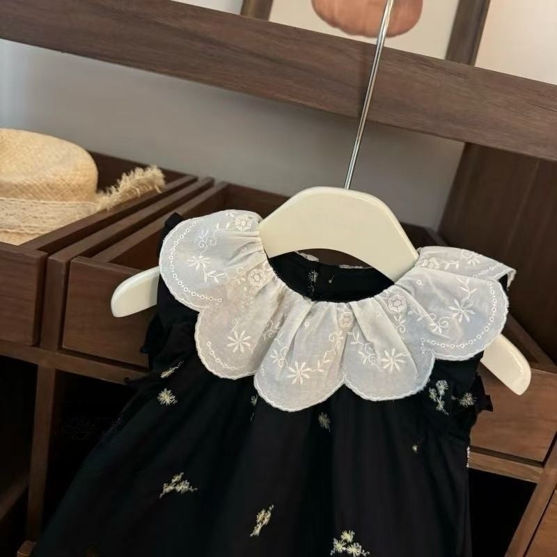Limón salado siete ropa para niños 2025 verano nuevo estilo bordado cuello de hoja de loto vestido floral negro falda chaleco sin mangas para niñas