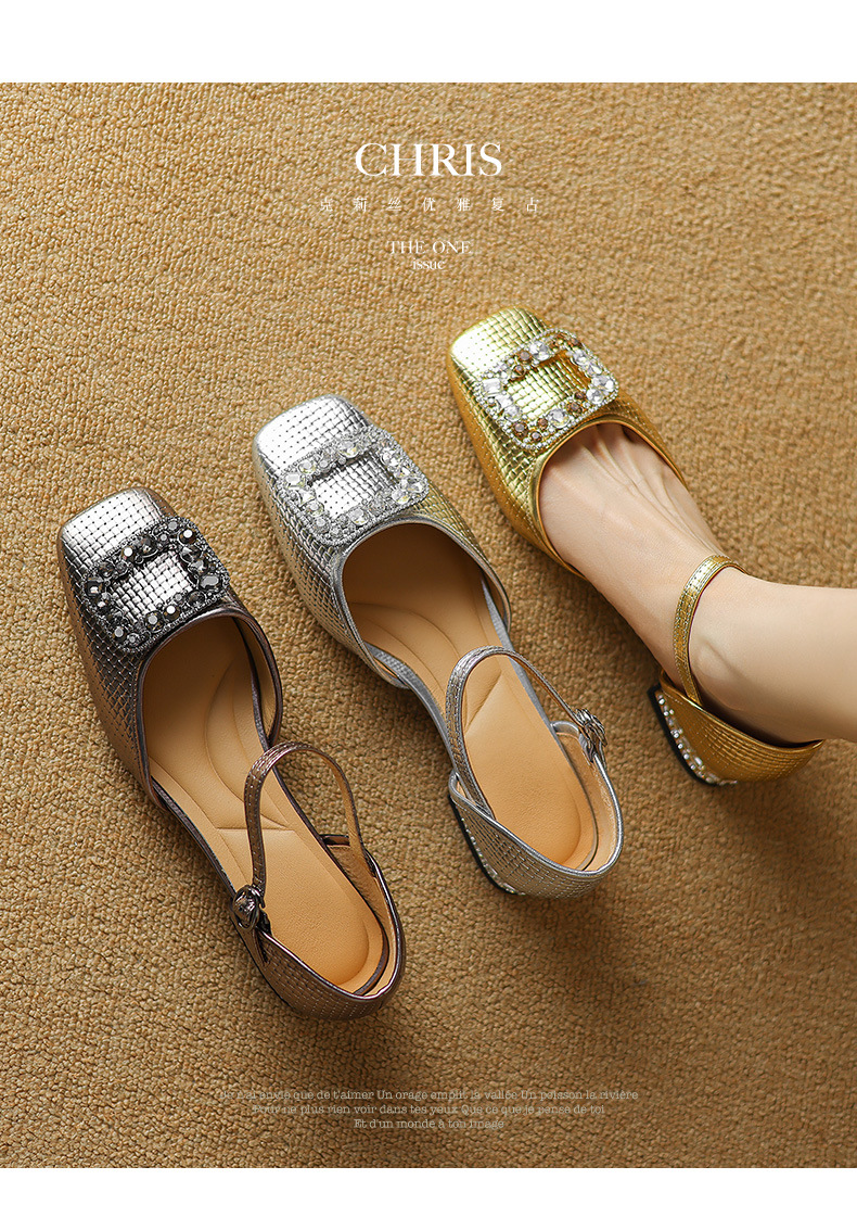 Sandal nữ bít mũi đế bệt da bò khóa vuông đính đá rhinestone — Màu vàng chi tiết 5