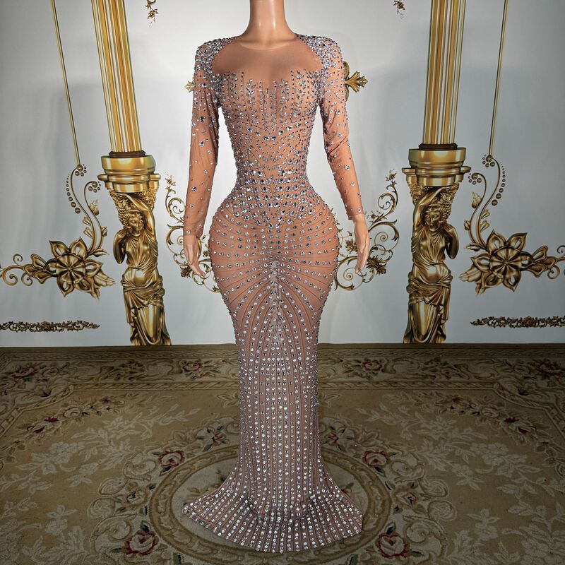 Luxurious rhinestone mesh long-sleeve dress, elegant slim-fit fishtail dress, party ball gown, elaborate evening dress Luxurious rhinestone mesh long-sleeve dress, elegant slim-fit fishtail dress, party ball gown, elaborate evening dress