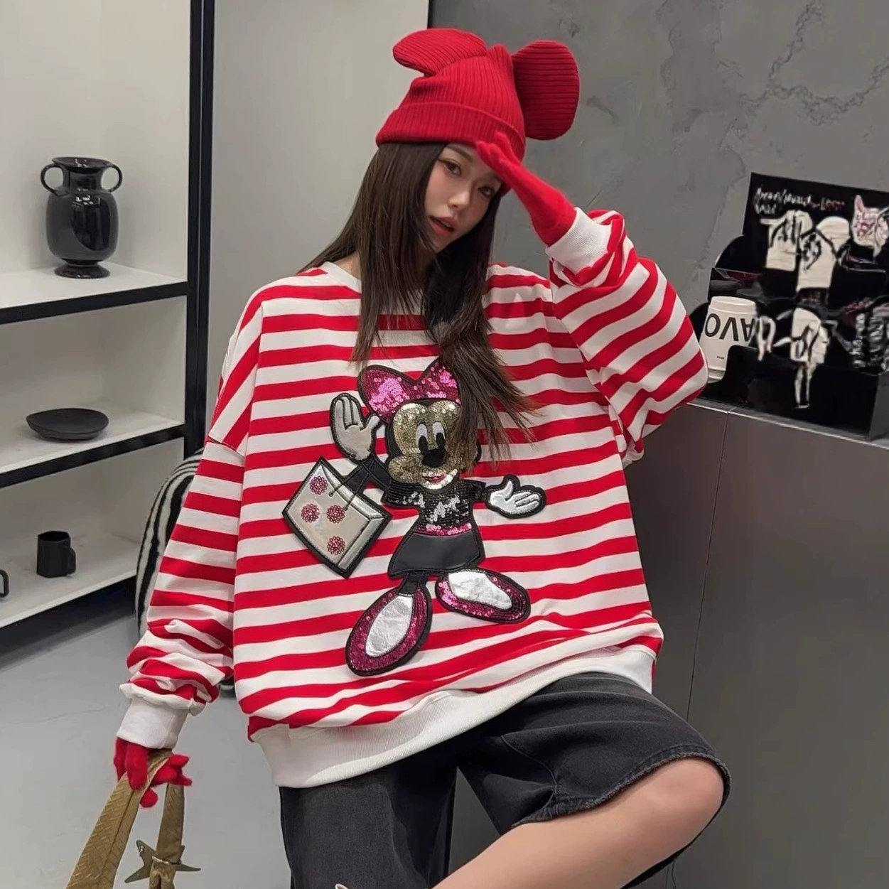 Свитшот, cartoon fleece ногти Sequins, плюс размер