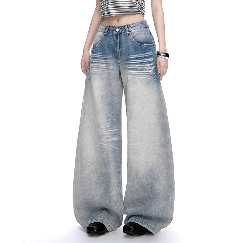 2026 Spring/Summer Blue Washed Low-Waist Extended Fashion Jeans for Women, Loose Wide-Leg Pants, New Slimming Plus Size