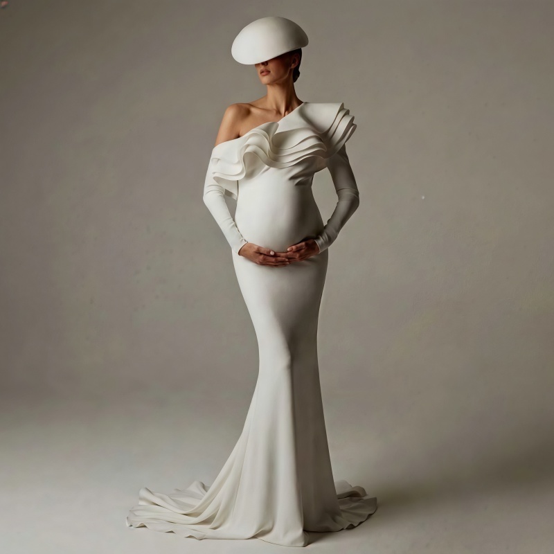 Cross-Border New Hepburn-Style One-Shoulder Long-Sleeve Slim-Fit Mermaid Maternity Dress for Pregnant Women, Suitable for Photo Shoots and Photography Cross-Border New Hepburn-Style One-Shoulder Long-Sleeve Slim-Fit Mermaid Maternity Dress for Pregnant Women, Suitable for Photo Shoots and Photography