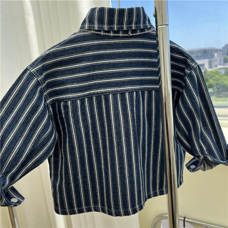 23 Îmbrăcăminte coreeană pentru copii, produs nou de toamnă, cămașă pentru băieți și fete, cu dungi verticale, rever, casual, din denim gros, exterior_voghion.com