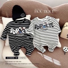 男女寶潮款韓版衛衣款連身衣卡通色織條紋嬰兒衣服洋氣哈衣爬服