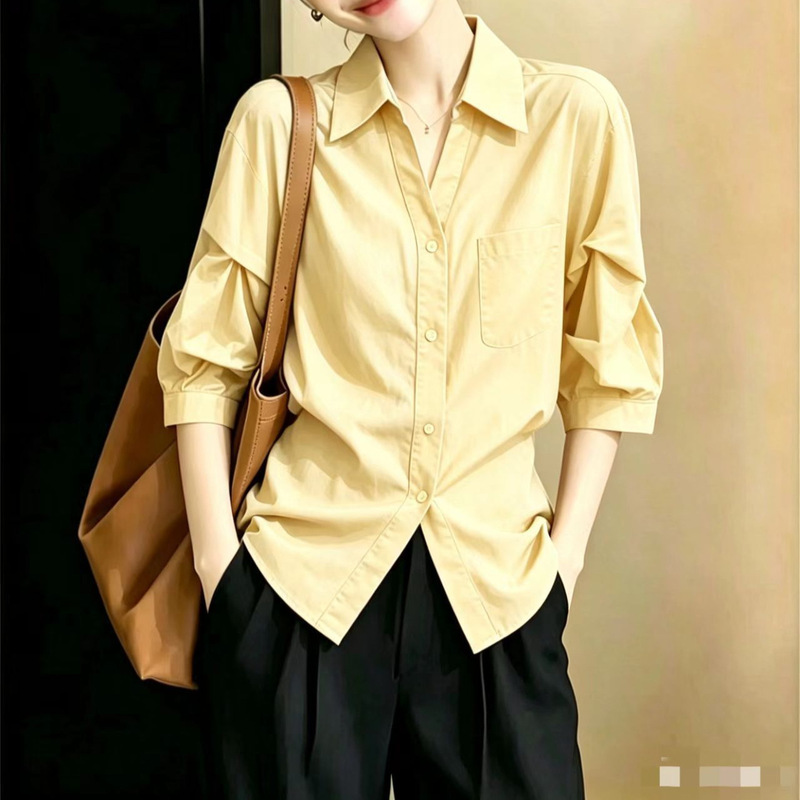 Polo Collar Pleated Three-Quarter Sleeve Shirt for Office Women, Summer Design, Waist-Cinching, Slimming, Sun-Protective Jacket Top Wholesale