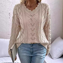 欧美外贸女装毛衣 跨境亚马逊针织衫设计镂空V领长袖套头百搭上衣