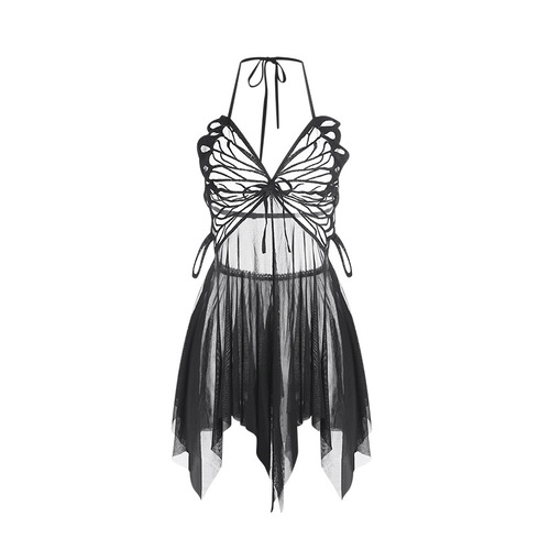 Gueifun Erotic Underwear Sexy Backless Sleepwear Mesh Lace Split Butterfly Strap Nightgown Uniform Set 3713 