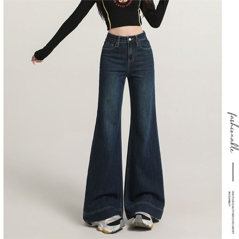 2025年秋季新款复古微喇牛仔裤女不贴腿高腰宽松阔腿拖地喇叭裤子