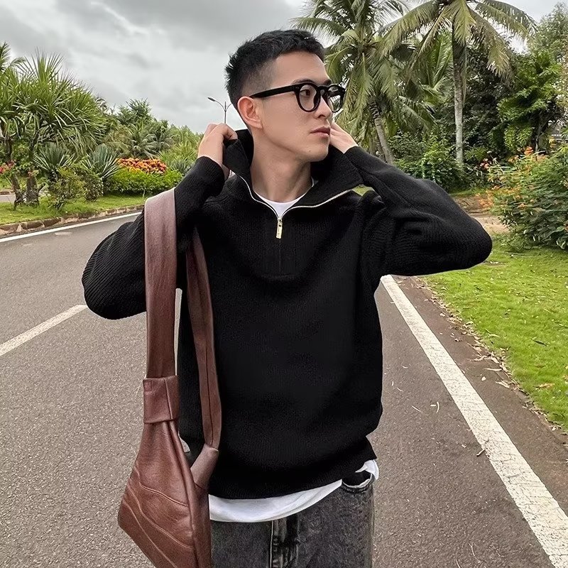 Herren-Strickpullover mit halbem Reißverschluss – Leichter Luxuspullover, Grau & Schwarz, Herbst-/Winter-Cardigan für smarte Freizeitkleidung_voghion.com